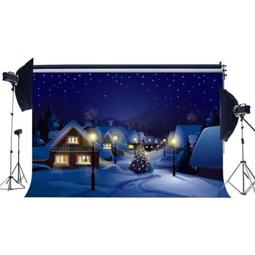 Photography Backdrop Merry Christmas Tree Rustic Village Snow Covered Landscape Scene Xmas Background