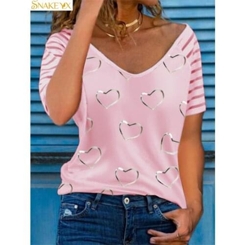 Womens Summer T-shirt 2021 Striped Printed Short Sleeve Love Printed Soft and Comfortable Thin Top Light Weight T-shirt