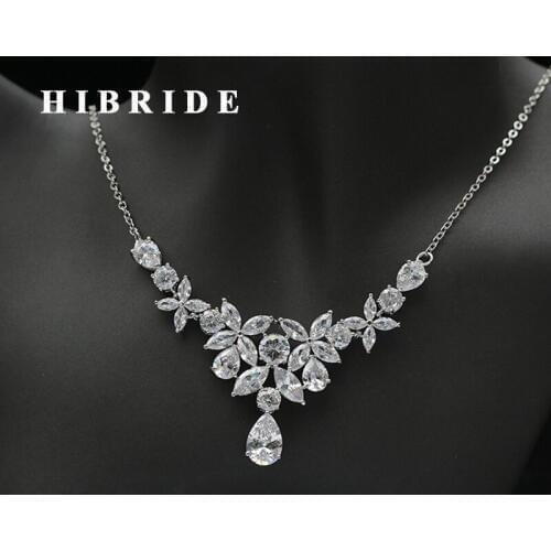HIBRIDE Flower Water Drop AAA Cubic Zircon Women Bridal Dubai Jewelry Set Long Chain Earrings Sets Dress Accessories N-280