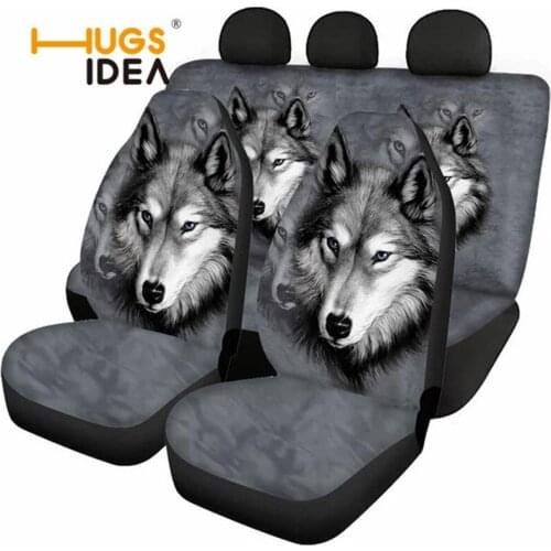 HUGSIDEA Car Seat Cover Grey Wolf 3D Print Mens Auto Seat Protector Full Set Dustproof Seat Cover Easy to Use Durable Universal