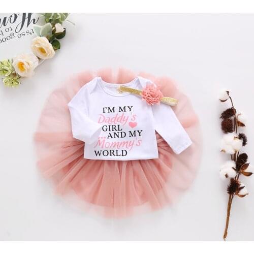 Imcute 3 Pcs Newborn Baby Clothes Casual Outfits Long Sleeve Round Neck Letter Print Romper + Mesh Skirt + Flower Headband