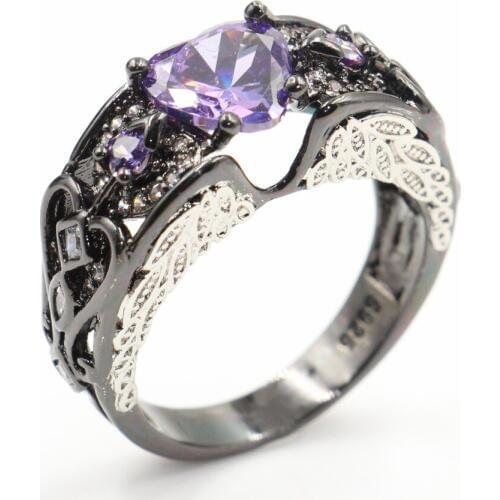 Classical Fashion Jewelry Brand New Popular 925 Silver&Black Gold Fill Heart Shape Purple 5A Cubic Zirconia Wing Ring Gift