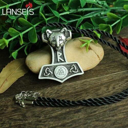 Lanseis10pc wholesale norse fox Thor Hammer pendant viking Norway valknut symbol necklace Triquetra men pendant Amulets jewelry