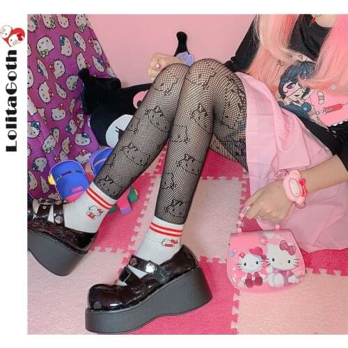 Lolita Kawaii Fishnet Pantyhose Tights Women Fashion Hollow Breathable Mesh Designer Cartoon Cat Bottoming G Stockings Gothic