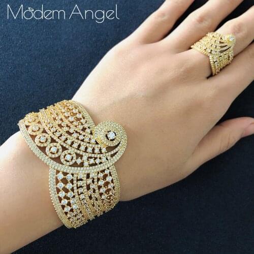 ModemAngel Luxury Volume Texture Design Cubic Zirconia Wedding Saudi Arabic Dubai Bangle Ring Sets aretes de mujer modernos