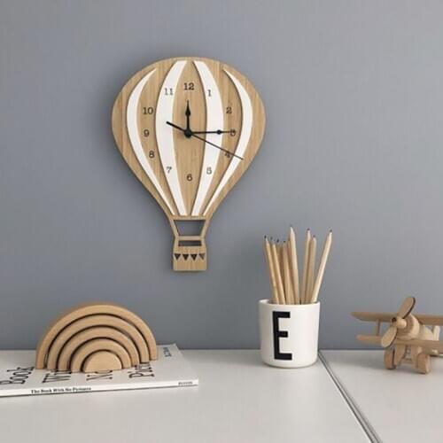 Hot Air Balloon Shape Cartoon Wall Hanging Clock Wooden Loudspeaker Mute Wall Clock Kids Bedroom Home Nordic Decoration 6 Colors