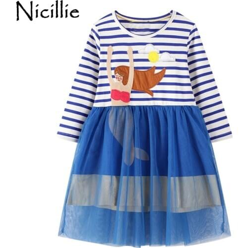 Girls Long Sleeve Mesh Tulle Dress Children Cotton Casual Dress Girls Animal Appliqued Dresses Kids Princess Fall Party Dress
