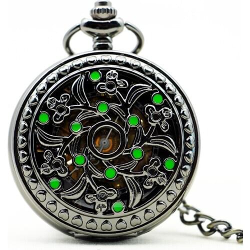 Vintage Automatic Mechanical Pocket Watch Men Hollow Exquisite Chain Pendant Watches Retro Black Hour Clock Gift