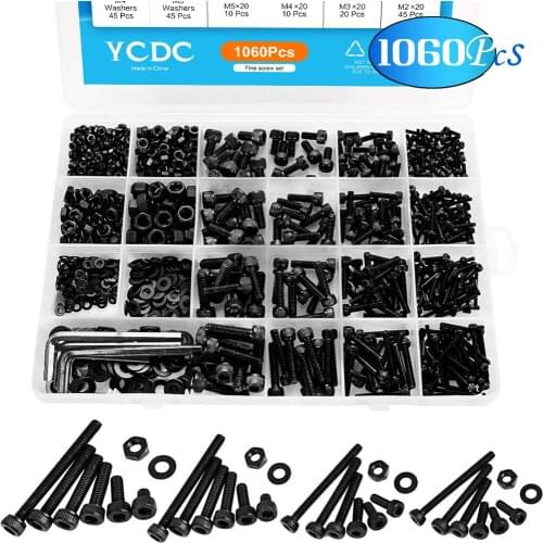 YCDC 1060Pcs M2 M3 M4 M5 Steel Head Bolts Kit Hex Assortment Carbon with Storage Box Socket Screw Set Flat Round Cap Bolts Nuts