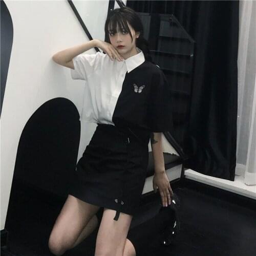 Women Harajuku Gothic Black White Patchwork Blouse Vintage Butterfly Embroidery Short Sleeve Blouse Streetwear Punk Top