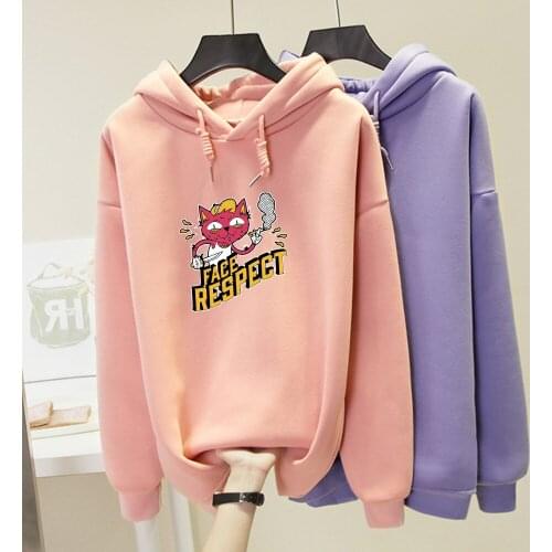 Cat Cartoon Face Respect Letter Print Winter Harajuku Sweatshirt Streetwear Kpop Oversized Hoodie Japan Womens Jacket Cute