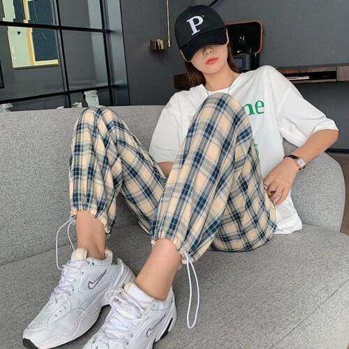 Women Plaid Pants High Waist Sweatpants Casual Loose Wide Leg Trousers Suits Retro Teens Harajuku Korean Streetwear Jogger 2021