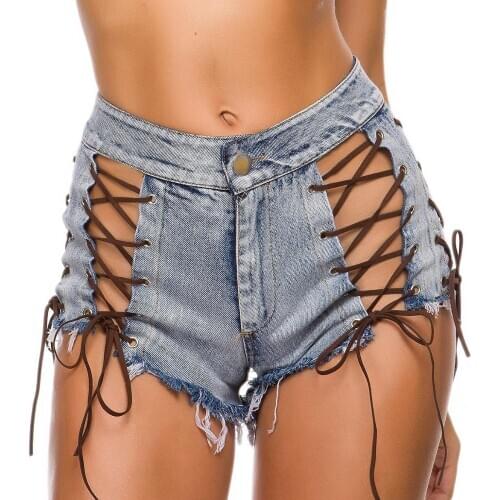 Women Sexy Denim Shorts Jeans Bandage Ripped Hollow Out Hole Lace Up High Waist Shorts Korean Club Party Summer Plus Size Shorts