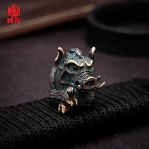 1PC Handmade Bronze Retro Brass Copper Wild Boar EDC Paracord Beads Lanyard Pendants Knife Beads Umbrella Rope Cord Bead Pendant