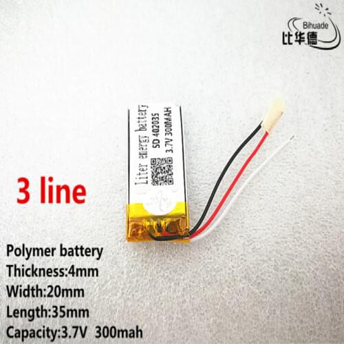 10pcs/lot 3 line Good Qulity 3.7V,300mAH,402035 Polymer lithium ion / Li-ion battery for TOY,POWER BANK,GPS,mp3,mp4