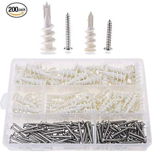 200 Pieces 2 Size Plastic Self Drilling Drywall and Hollow-Wall Anchors with Tapping Screws Assortment Kit