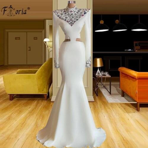 Arabic Mermaid Evening Dresses 2021 High Neck Beaded Crystal Long Sleeves White Prom Gowns Backless Satin Mermaid Party Dress