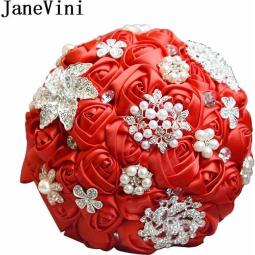 JaneVini Shiny Crystal Pearl Red Bridal Bouquet With Diamond Luxury Rhinestone Brooch Wedding Bride Flower Bouquets Ramos Flores