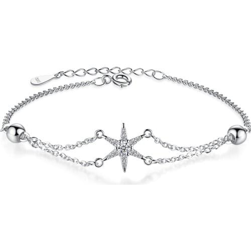 Real 925 Sterling Silver Double Layer Star Charm Bracelet &Bangle For Women Girls Wedding Party Jewelry Gift