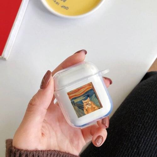 Oil painting Cat pattern Cute Clear Earphone Case For Airpods 1 2 Soft Silicone Wireless Airpods Pro Case Earphone