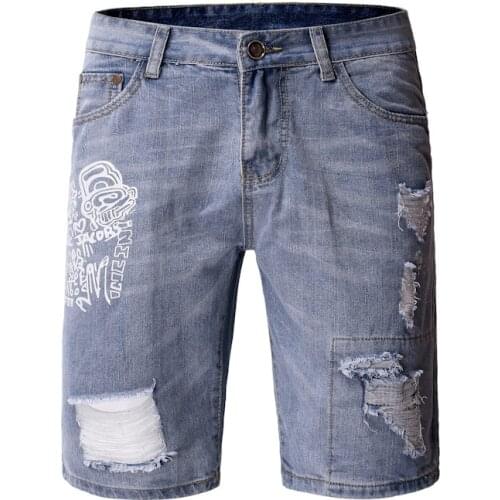 Denim shorts men casual fashion high quality brand Hip hop ripped denim shorts male summer printed jeans men
