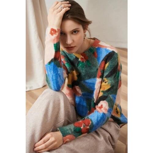 Elfbop Mohair Wool O Neck Painting Printing Knitted Pullover Top - Ladies Winter Spring Knitted Jumper