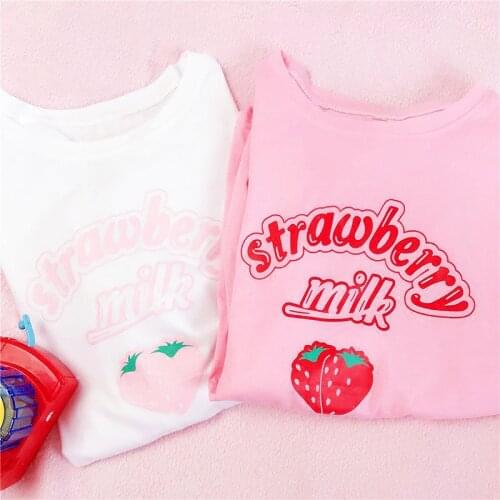 Kawaii Sweet Strawberry Milk Cartoon Graphic Pink Cute Girls Summer Streetwear Casual Top Japan INS Casual Vintage women T-shirt