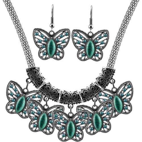 FYSL Silver Plated Butterfly Shape Green Turquoises Stone Pendant Drop Earrings Insect Jewelry Set