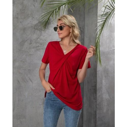 Fashion Basic Top Solid Color Knot Breathable T-Shirt Short Sleeve T-Shirts Fashion Basic Top Outer Wear Free Shipping 2021