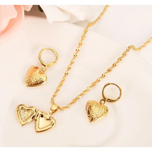 Gold Necklace Earring Set Women Party Gift photoframe love heartJewelry Sets mother gift DIY charms women girls wedding Jewelry