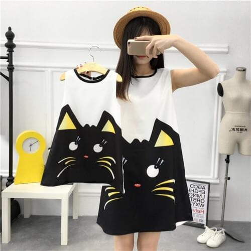 New Summer Mother Daughter Dress Cute Cartoon Cat Family Matching Clothes Sleeveless Dress Matching Mother And Daughter Clothes