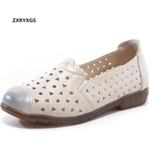 Promotion 2021 New Spring Summer Hollow Breathable Shoes Casual Sandals Genuine Leather Soft Sole Comfort Flat Shoes Woman Shoes