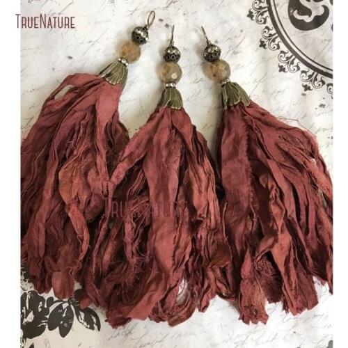 Sari Silk Tassel Pendant Vintage Plum Sari Silk Tassel Necklace Charm Antique Brass Flower Bead Cap Jewelry Findings PM14459