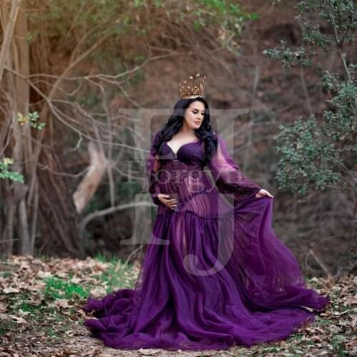 Sexy See Through Tulle Maternity Dresses A-Line Long Sleeve Applique Lace Pregnant Womens Party Dess Custom Made Purple Robes