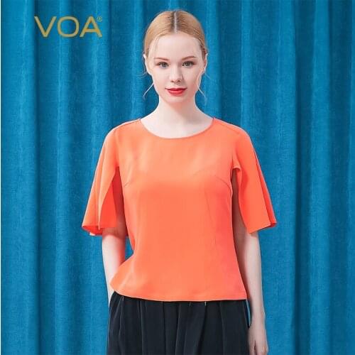 VOA 40m/m Heavy Mulberry Silk Round Neck Short Sleeve Yellow Heart Orange Fold Back Shawl Loose Casual T-shirt BE568