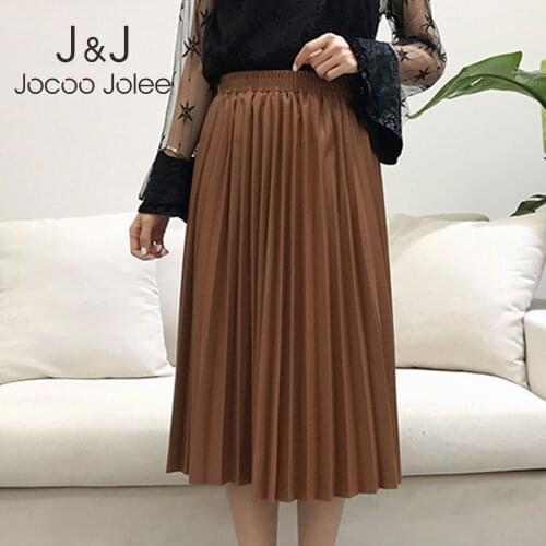 Jocoo Jolee Women PU Leather Pleated Midi Skirts Female Solid Elastic High Waist Skirt Office Lady All-match Skirts Streetwear