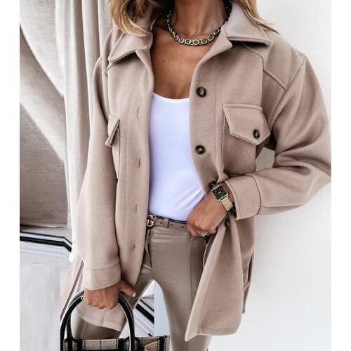 Autumn Winter Women With Belt Woolen Jacket Coat Outerwear 2021 Fashion Vintage Solid Loose Pockets Button Long Sleeve Outwear