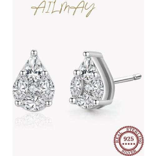 Ailmay New Sale Clear Zircon Water Drop Shape Top Quality Real 925 Sterling Silver Stud Earrings For Fine Female Fashion Jewelry