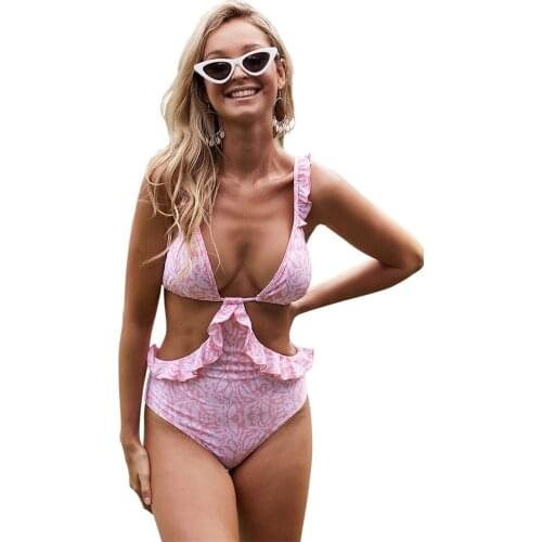 2020 New Solid/Print Deep V-neck Monokini Ruffled Bandage Swimsuit Push Up Padded Women Sexy Hollow Out Swimwear Pink Green Blue