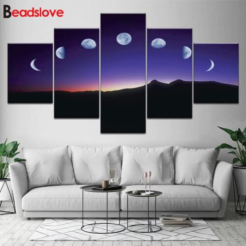 5 Panel,full drill square diamond painting Moon landscape Painting Calligraphy 5d mosaic Popular diamond embroidery round