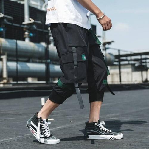 Hip Hop Cargo Pants Men Summer Drawstring Joggers Trousers Black Calf-Length Male Casual High Street Pants Streetwear Boys