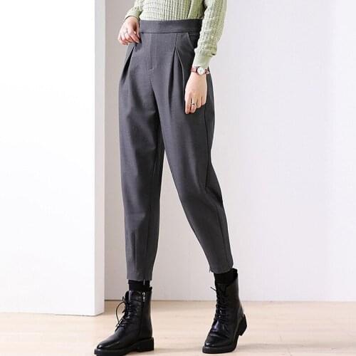 Harem Pants Women Casual Style 66% Polyester Mid Elastic Waist Pockets Ankle Length Pants 3 Colors Simple Design New Fashion