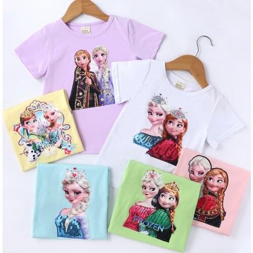 1pc Summer New Baby Girl Clothes Snow Queen Anna Elsa Cartoon Print for Girls T-shirt Super Hero Short Sleeve Shirts for Girls