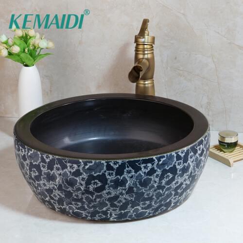KEMAIDI Ceramic Wash Basin Vessel Sink & Antique Brass Bathroom Faucet Art Sink Set Plated Golden Ceramic Basin Tap Set