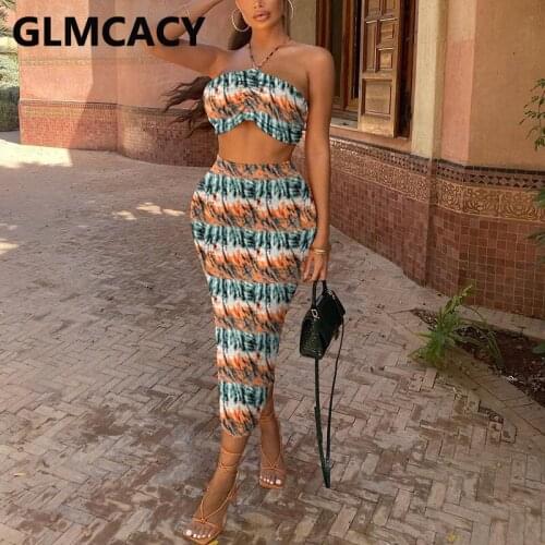 Two Piece Sexy Summer Dress Suits Halter Crop Top & Bodycon Midi Skirt Set