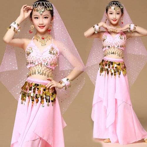 5pcs/Set Kids Belly Dance Costumes Set Pink Oriental Bollywood Dance Girls Belly Dancing Children India Dance Stage Clothes