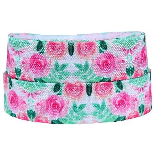 Flora Ribbons spring flower printed fold over elastic, soft nylon foe ribbon in pink rose patterns