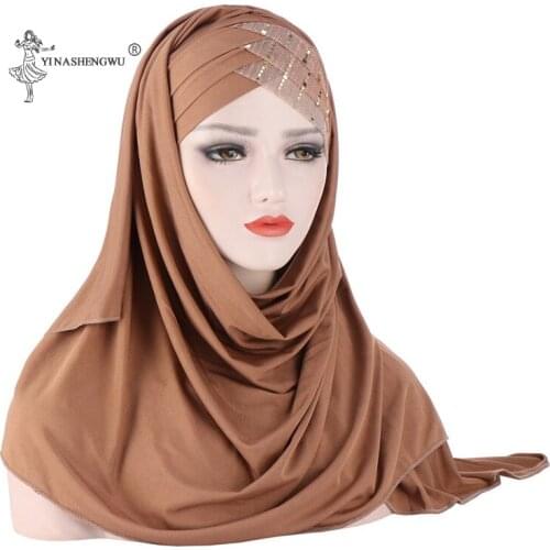 Forehead Cross Hair Wrap Scarf Solid Color Glitter Sequins Jersey Fashion Hijabs Muslim Headband Women Turban Hair Cap Headscarf