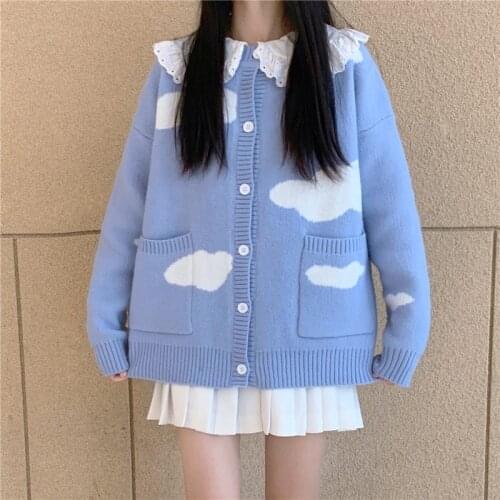 Sweet Soft Girly Kawaii O-Neck Full Sleeve Lazy Sweaters Japanese Autumn Winter Single-breasted Clouds Cardigan Knitting Sweater