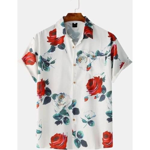 Mens 2021 New Hawaiian Shirts For Men Ethnic Rose Print Chest Pocket Casual Short Sleeve Shirt